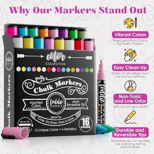 Loddie Doddie Chalk Markers - Pack of 32, Reversible 6mm Tips - Vibrant Chalkboard Designs with Chalkboard Markers - Easy Erase on Glass & Whiteboards with Dry Erase Pen