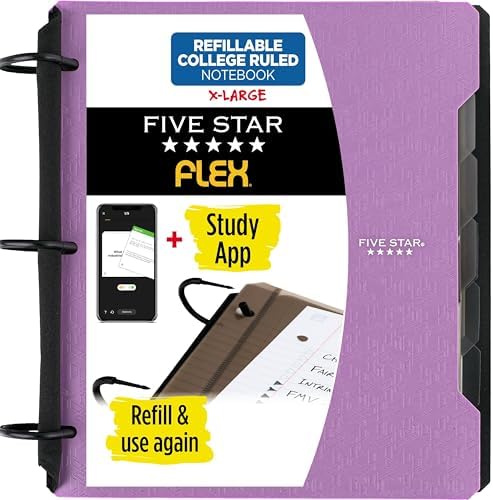 Five Star Flex Refillable Notebook + Study App, College Ruled Paper and 1-1/2 Inch TechLock Ring Binder with Pockets, Tabs and Dividers, 300 Sheet Capacity, Amethyst Purple (29324AB6)