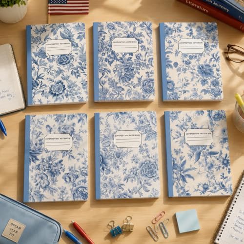 Harloon 6 Pack Composition Notebooks College Ruled Bulk Vintage Blue Flower Composition Notebook 110 Page 7-1/2" x 9-3/4" Journal Back to School Gift for Teacher Student Office First Day of School