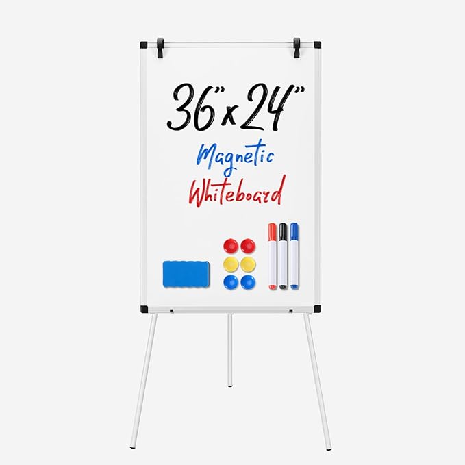 OLIXIS 36" x 24" Magnetic White Board with Stand, Standing Dry Erase Board, Whiteboard with 1 Dry Eraser & 2 Multicolor Markers & 4 Magnetic Pins, Aluminium Frame for Home, School, Office, White