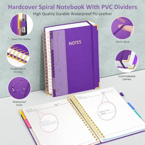 Hardcover Spiral Notebook Journal, 8"x10" Large B5 Notebooks with Removable Dividers Tabs, 300 Pages Leather 5 Subject Notebook College Ruled, Lined Journal for Women Work School Note, Dark Purple