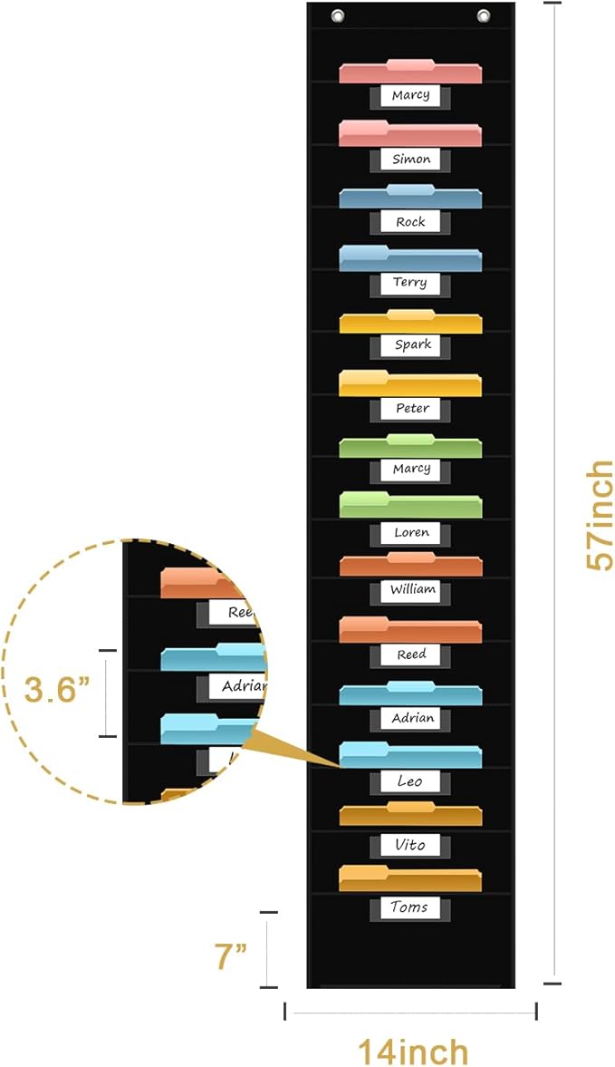 ANCOMEDO 14 Pocket Hanging File Organizer with 14 Nametag Pockets. Black File Storage Pocket Chart for Classroom or Office Use. Perfectly Organizes Assignments, Files, Scrapbooks, and Documents.
