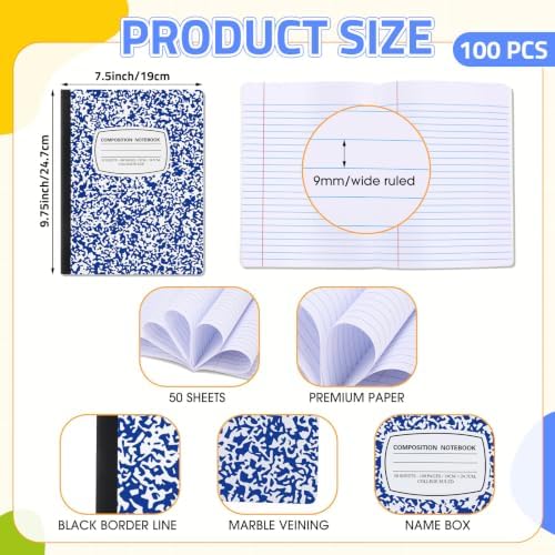 Fainne 100 Pack College Ruled Composition Notebooks Bulk B5,Blue