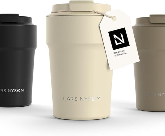 LARS NYSØM Thermo Coffee Mug to go 13oz | Travel Mug 0.38 Liter with Insulation | Leak Proof Stainless Steel Thermal Tumbler for Coffee and Tea on the Go (Almond Beige, 12.9oz)