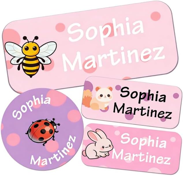 Waterproof Custom Name Stickers (135 Labels) - Personalized Daycare Labels for Clothing, Water Bottles, Lunch Boxes & School Supplies - Ideal for Camp & Daycare - No-Iron (Pink Worlds)