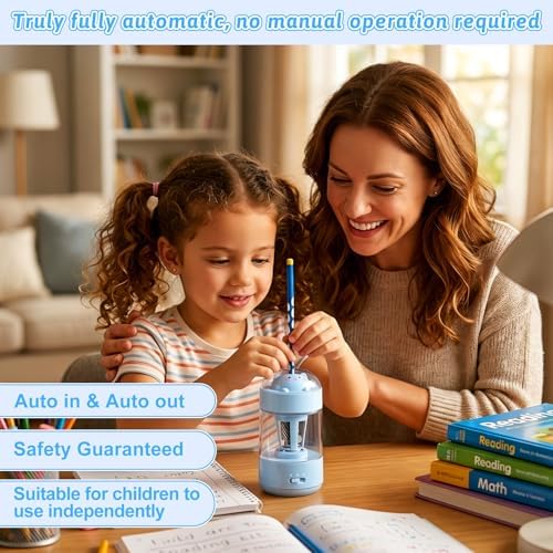 Rechargeable Automatic Electric Pencil Sharpener for Kids, Auto in & Out 3 Adjustable Thickness, Type-C Charging, Cute DIY Stickers, for 6-8mm Pencils, 3s Fast Sharpening for School & Home (Blue)