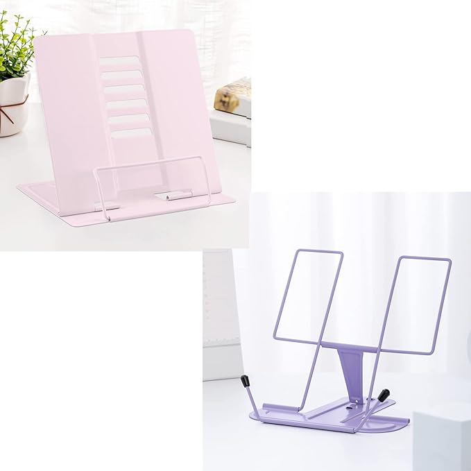 MSDADA 2PC Different Design Desk Book Stand Metal Reading Rest Book Holder Adjustable Cookbook Documents Holder Portable Sturdy Bookstand for Recipes Textbooks Tablet Music Books(Macaron Pink+Purple)