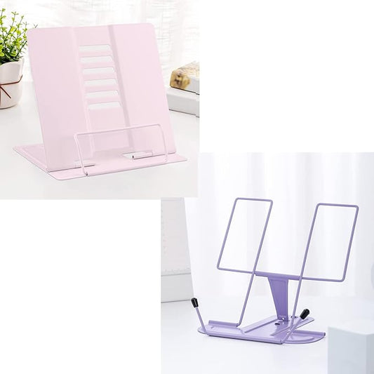 MSDADA 2PC Different Design Desk Book Stand Metal Reading Rest Book Holder Adjustable Cookbook Documents Holder Portable Sturdy Bookstand for Recipes Textbooks Tablet Music Books(Macaron Pink+Purple)