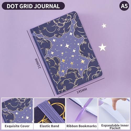 Dot Grid Journal with 160GSM Thick Paper, 192 Pages, A5 Dotted Notebook for Work, School, Travel | 180° Lay Flat, Foil Stamped Cover, Elastic Band, 2 Bookmarks & Inner Pocket (Dark Purple)