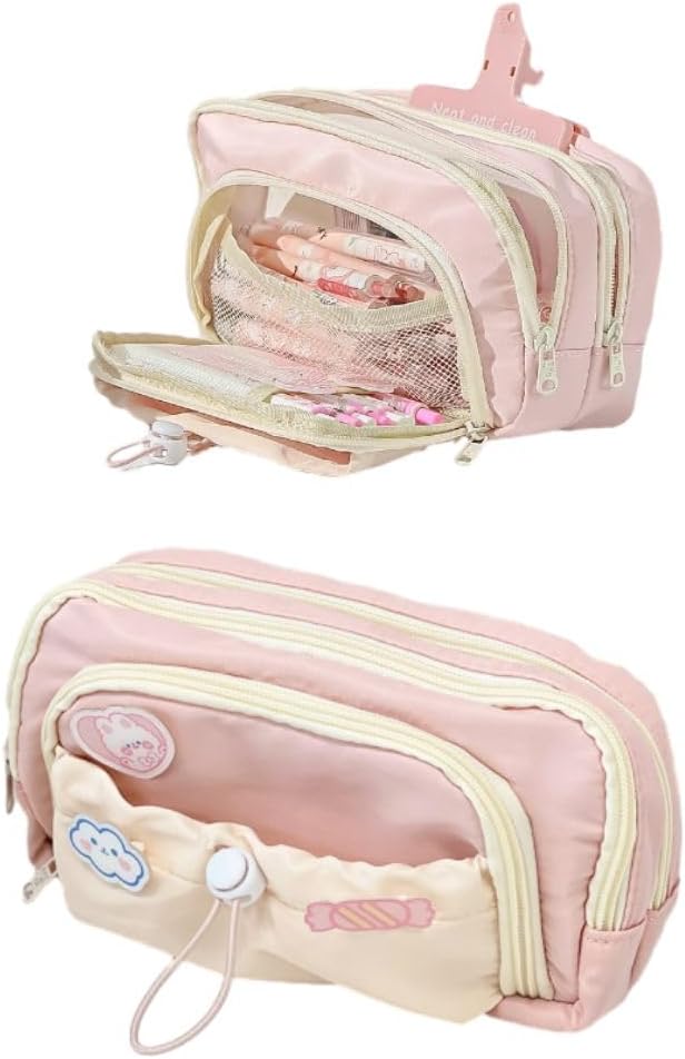 Cute Aesthetic Pencil Case Kawaii Pencil Case with Kawaii Pins Large Pencil Pouch Holder Preppy Supplies (pink)