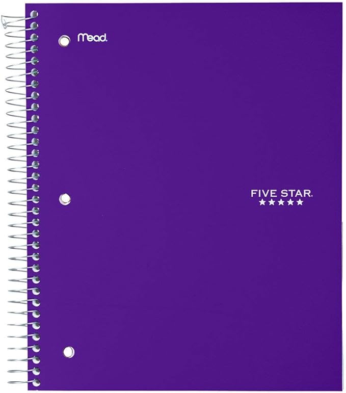 Five Star Spiral Notebook + Study App, 5 Subject, Wide Ruled Paper, 8" x 10-1/2", 200 Sheets, Fights Ink Bleed, Water Resistant Cover, Amethyst Purple (38739)