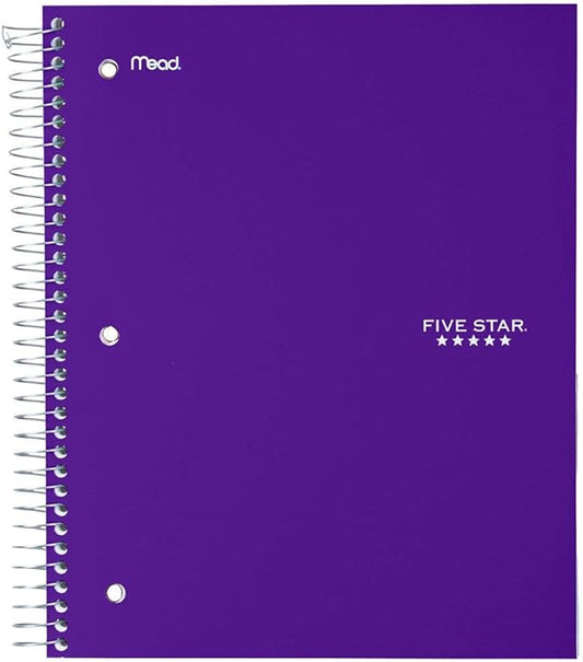 Five Star Spiral Notebook + Study App, 5 Subject, Wide Ruled Paper, 8" x 10-1/2", 200 Sheets, Fights Ink Bleed, Water Resistant Cover, Amethyst Purple (38739)