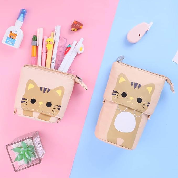 iSuperb Standing Pencil Pouch Pencil Case Cute Cat Telescopic with Zipper Canvas Kwaii Cartoon Pencil Bag Stationery Box for Kids Girls Boys School Supplies 7.5 x 4.9 x 3.0inch/4.1x 3.0inch