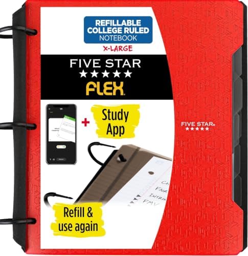 Five Star Flex Refillable Notebook + Study App, College Ruled Paper and 1-1/2 Inch TechLock Ring Binder with Pockets, Tabs and Dividers, 300 Sheet Capacity, Fire Red (29324AB2) (Pack of 6)