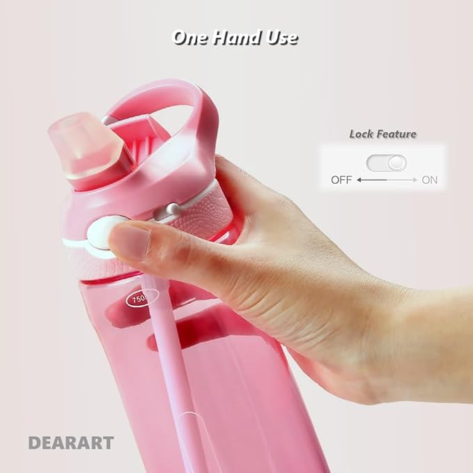 DEARART 2-Pack 24oz Pink & Dark Cyan Water Bottles With Straw, Leakproof BPA FREE Hidden Nozzle, Flip Up Lid Has Handle Wide Bottle Easy Clear, Suit Office Yoga Outdoor Sports Travel Gym.