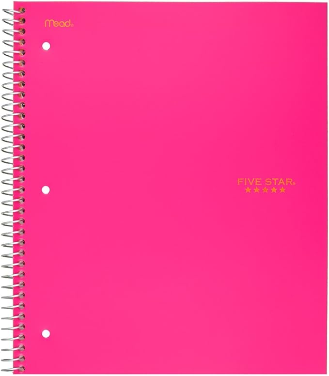 Five Star Spiral Notebook, 5 Subject, College Ruled Paper, 200 Sheets, 11" x 8-1/2", Pink (73519)