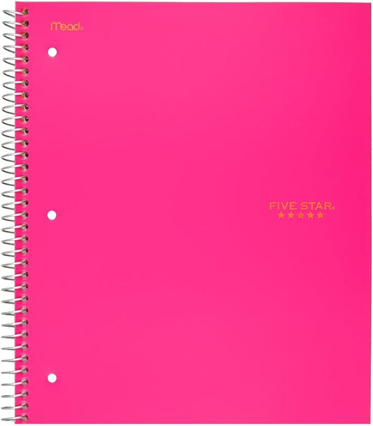 Five Star Spiral Notebook, 5 Subject, College Ruled Paper, 200 Sheets, 11" x 8-1/2", Pink (73519)
