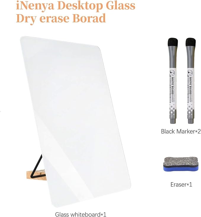 Glass White Board with Stand,Magnetic Mini Dry Erase Board for Desk,Small Desktop Whiteboard with Solid Wood Bracket