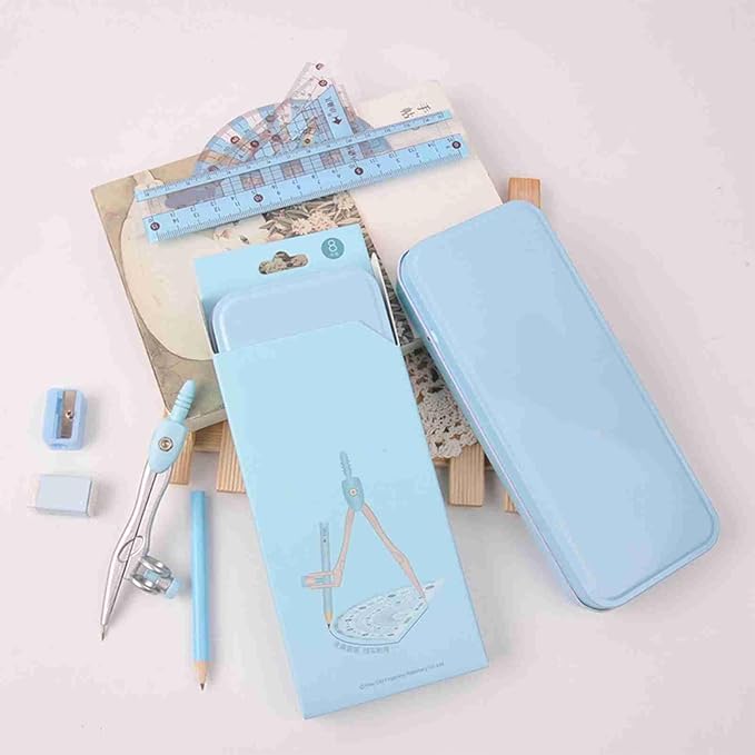 Math Geometry Kit, Pencil for Compass, Pencil Sharpener, 2 Rulers, Straight Ruler, Protractor, Graphic Compass, White Eraser Shatterproof Storage Box Protractor Math Compass Kit (Blue)
