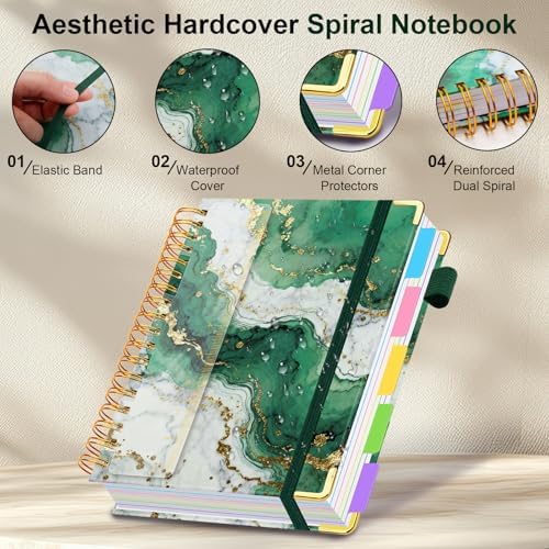 Spiral Journal Notebooks for Work, 300 Pages 5 Subject Notebook College Ruled with Dividers & Tabs, A5 Notebook Journal for Women Students Note-Taking and Organizer (Teal Luxe Marble)