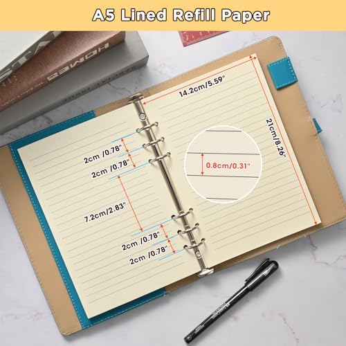 Beige A5 6-Hole Lined Loose Leaf Refill Paper-Fits A5 6-Ring Binder, 100GSM Thick No Bleed-through Sheets, Double Sided Writing for Fountain Pen & Gel Pen