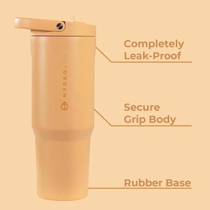 HydroJug Sport - Stainless Steel Tumbler with Straw, Vacuum Insulated, 40oz Leakproof Water Bottle, Ergonomic Design, Reusable, Dishwasher Safe, Rubber Base, Durable for Gym or Outdoors, Marigold