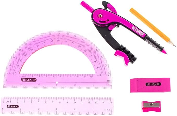 Craft County 5 Piece School Kit with Zipper Pouch – Geometry and Math Tool Set – Available in Blue, Green, Pink, and Purple