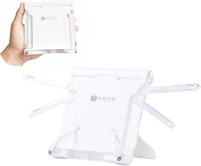 Travel Mini Book Holders for Reading Hands Free - Portable and Adjustable Book Stand for Reading, Two-in-one (Ideal for Light Books & Tablets – Not for Heavy Hardcovers | White)