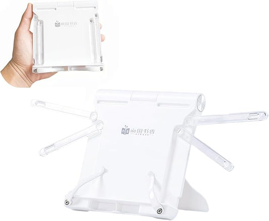 Travel Mini Book Holders for Reading Hands Free - Portable and Adjustable Book Stand for Reading, Two-in-one (Ideal for Light Books & Tablets – Not for Heavy Hardcovers | White)