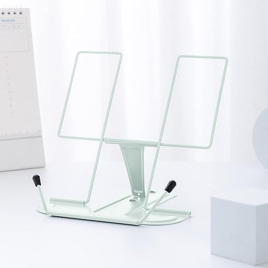 MSDADA Metal Book Stand for Desk, Adjustable Reading Rest Book Holder, Portable Cookbook Documents Holder, Sturdy Typing Stand for Recipes Textbooks Tablet Music Books with Page Clips (Macaron Green)