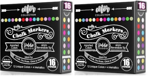 Loddie Doddie Chalk Markers - Pack of 32, Reversible 6mm Tips - Vibrant Chalkboard Designs with Chalkboard Markers - Easy Erase on Glass & Whiteboards with Dry Erase Pen