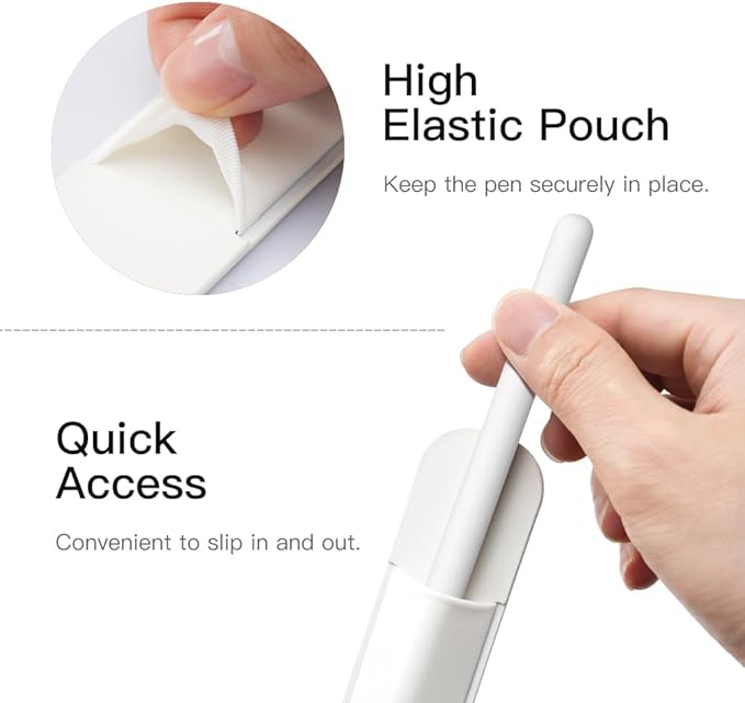 MoKo Pencil Holder Sticker Fit Apple Pencil Pro, Apple Pencil (USB-C), iPencil 1st/2nd Generation, Elastic Pencil Pocket Pouch Adhesive Sleeve Attached to iPad Case for Stylus Pens, White