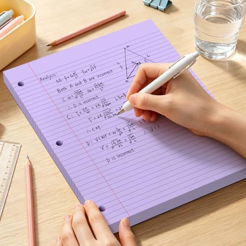 600 Sheets Colored Loose Leaf Paper, 8 x 10.5 In College Ruled Filler Paper