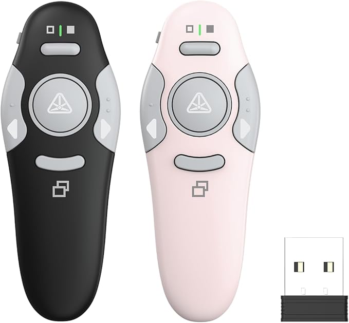 QUI 2 Pack Presentation Clicker, Wireless Presenter Remote Clicker for PowerPoint, Slide Advancer for Mac, Windows, Google Slide, Keynote (USB, Black Pink)