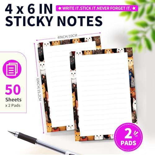 Lined Sticky Notes 4x6 in, 2 Pack Large Cute Notepads with Lines Self-Stick Note Pad, Funny Memo Pads Strong Adhesive for Office, Home Cute Colorful Cats