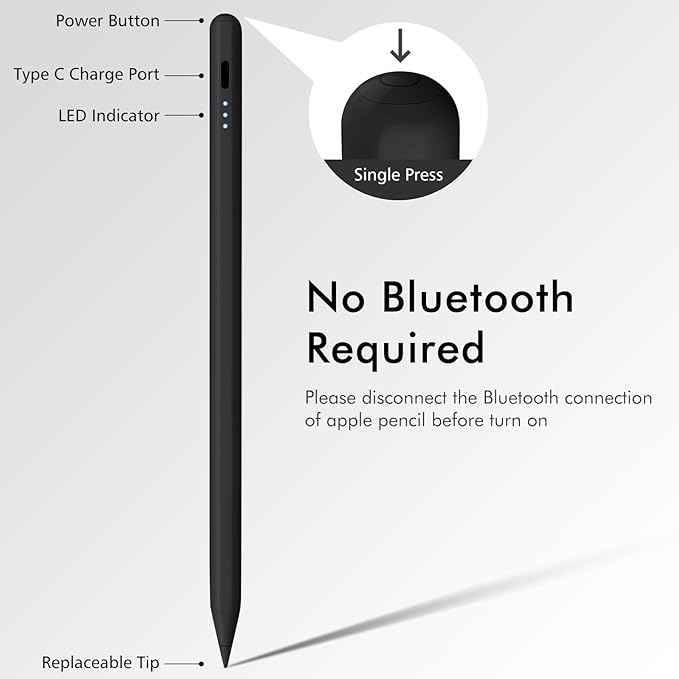 Stylus Pen for iPad, 13 mins Fast Charge Stylus with Palm Rejection, Tilt Sensitivity, Compatible with 2018-2024 iPad Air 3/4/5/6, iPad mini 5/6, iPad 6/7/8/9/10, iPad Pro 11"/12.9"/M4 (Black)