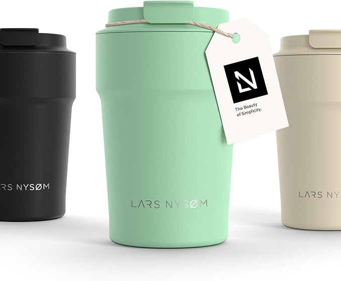 LARS NYSØM Thermo Coffee Mug to go 13oz | Travel Mug 0.38 Liter with Insulation | Leak Proof Stainless Steel Thermal Tumbler for Coffee and Tea on the Go (Mint Green, 12.9oz)