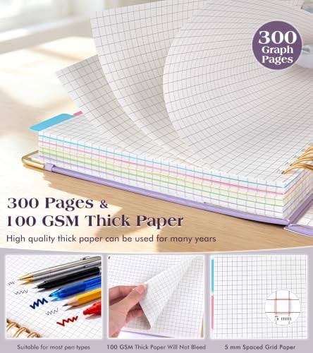 5 Subject Graph Paper Notebook with Removable Dividers Tabs, 300 Pages Hardcover Leather Grid Spiral Journal, 8"x10" B5 Large Graphing Notebooks for Women Men Work School College Engineering, Purple