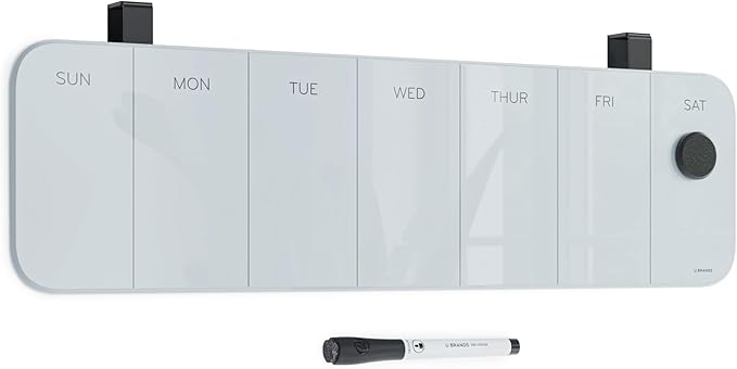 U Brands Magnetic Cubicle/Wall Glass Dry-Erase Weekly Calendar Board, 20" X 5.5" Inches, White Frosted Surface, Frameless