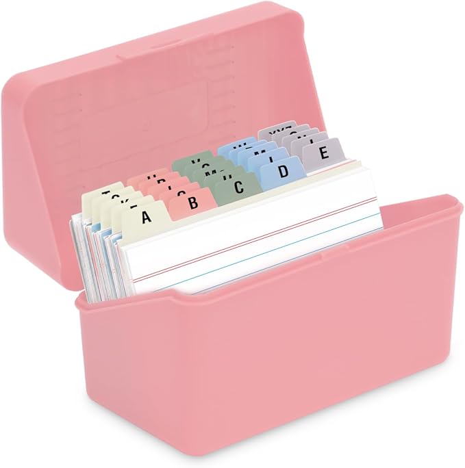 H4D 3x5 Index Card Holder with 100 Heavyweight Ruled Index Cards and 25 Plastic Dividers, Light Pink
