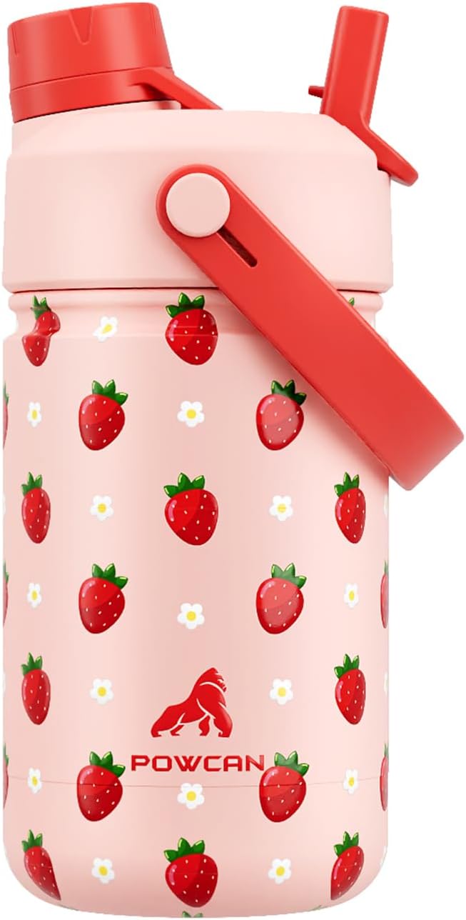 12 oz Kids Metal Water Bottle: 2-in-1 Straw Spout Lid, Spill-Proof, Easy Clean, Keep Cold 24H, Backpack Friendly, BPA-Free Stainless Steel Cup for School, Daycare, Playtime, Gift (Strawberry Daisy)
