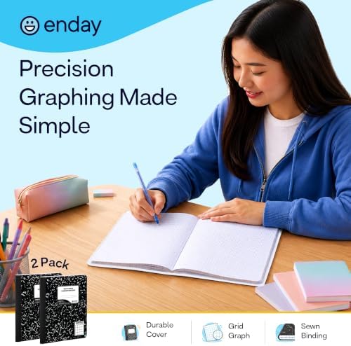 Enday Quad Ruled Composition Notebook (2 Pack) Quad Ruled Black Marble Composition Notebook 200 Pages (100 Sheets), 4x4 Grid Graph Paper.