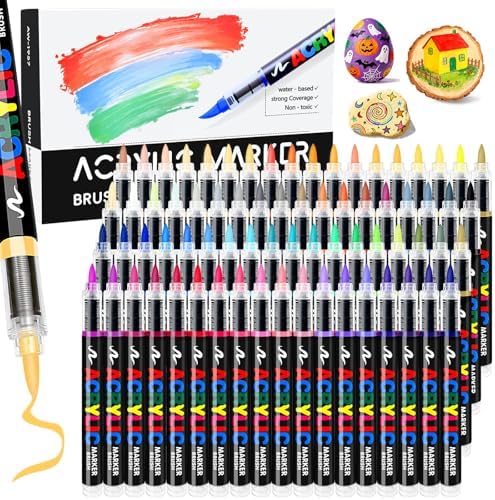 72 Colors Acrylic Paint Markers, Colored Paint Pens Brush Tip with Direct-Liquid Ink Control System, Water-Based Coloring Markers Set for Pumpkin Decorating Kit, Rock, Fabric, Wood, Wood, Art Supplies
