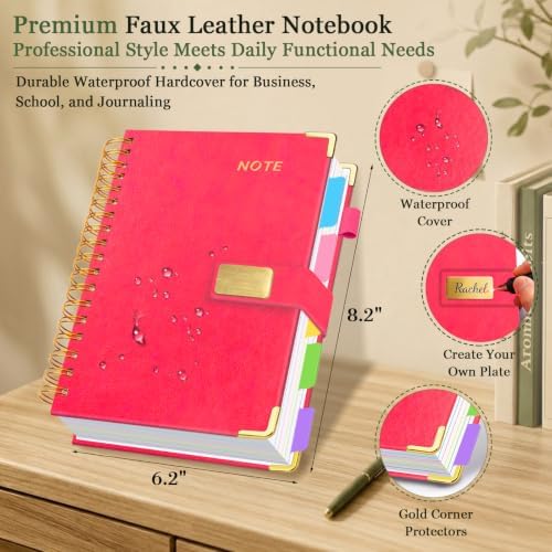 Hardcover Spiral Notebook 6.2''x 8.2'' College Ruled Notebook with Magnetic Closure, 300 Pages 5 Subject Notebooks with Pocket Dividers for Work School, A5 Leather Journal for Women, Men (Rose Red)