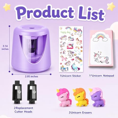 homicozy Electric Pencil Sharpeners for Kids, Cute Small Pencil Sharpener for Home Classroom, Battery Pencil Sharpener Electric Plug in, with Erasers DIY Stickers Note Pad (Purple Battery)