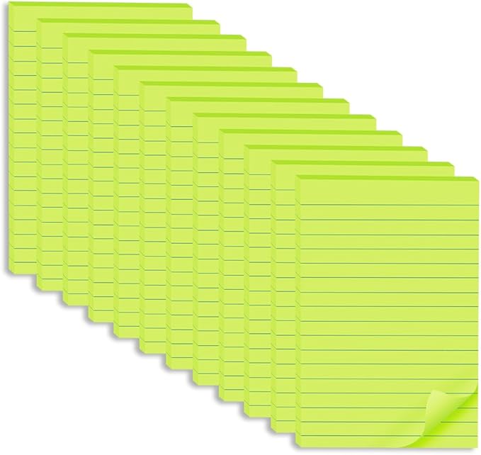 (12 Pack) Lined Sticky Notes 4x6 in,Bright Green Large Notepads with Lines,Ruled Stickies Super Sticking Power,Office School Memo Note Pads,Post on Windows Doors,Recyclable,Easy to Write on