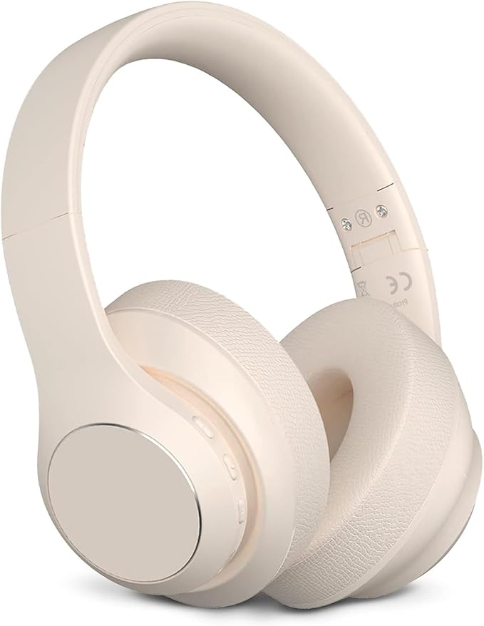 Wireless Bluetooth Headphones Over Ear, 40 Hours Playtime Wireless Headphones with Microphone,Foldable Light Weight Headset with HiFi Stereo Sound for Travel Work (Beige)