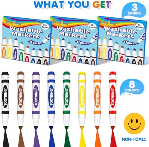 Washable Markers Bulk (24 Count, 3 Box), Broad Line Markers for Kids with Conical Tip, Assorted Colors, Drawing Essentials for School Classroom, Student Must Have for Coloring Book, Art Craft Supplies