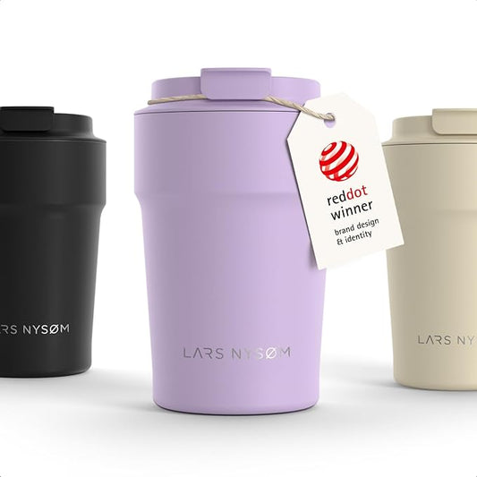 LARS NYSØM Thermo Coffee Mug to go 13oz | Travel Mug 0.38 Liter with Insulation | Silicone grip base | Leak Proof Stainless Steel Tumbler for Coffee and Tea on the Go (Powder Purple, 13oz)