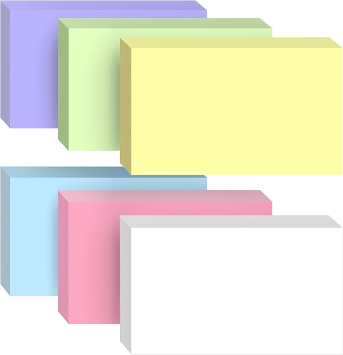 300 Count Colored Blank Index Cards, 3x5 Inch Color Coded Flash Cards - 6 Assorted Color Pads (White Pink Purple Blue Green Yellow), 50 Cards per Pad, Study Flashcards for School, Office
